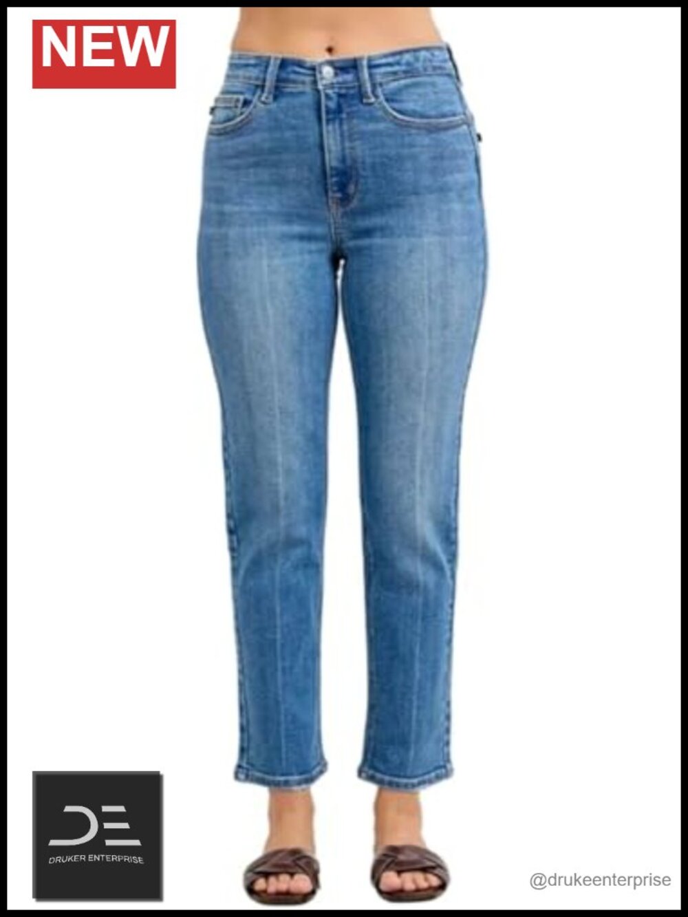High Rise Ankle Straight Jeans, 93% Cotton Stretch, Zip Fly